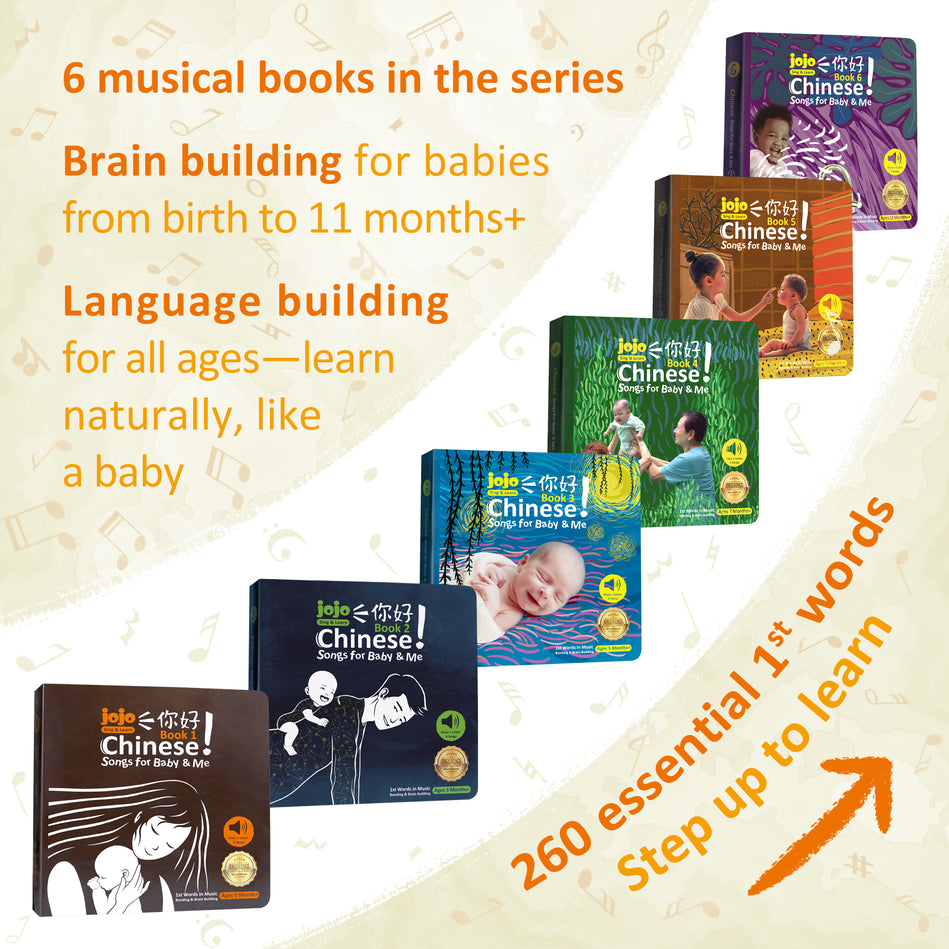 JoJo Sing & Learn, Chinese Songs for Baby & Me, Nursery Rhyme Musical Book, 6 books, build Mandarin Chinese essential words 9798990447912